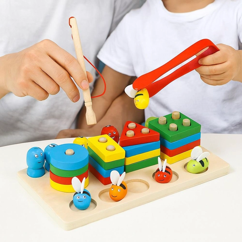 JUEGO DE MADERA MULTICOLOR 3X1 MOTRICIDAD FINA ENCAJE PESCA Y ABEJAS MONTESSORI - 2