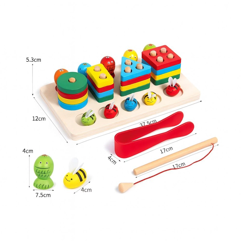 JUEGO DE MADERA MULTICOLOR 3X1 MOTRICIDAD FINA ENCAJE PESCA Y ABEJAS MONTESSORI - 3
