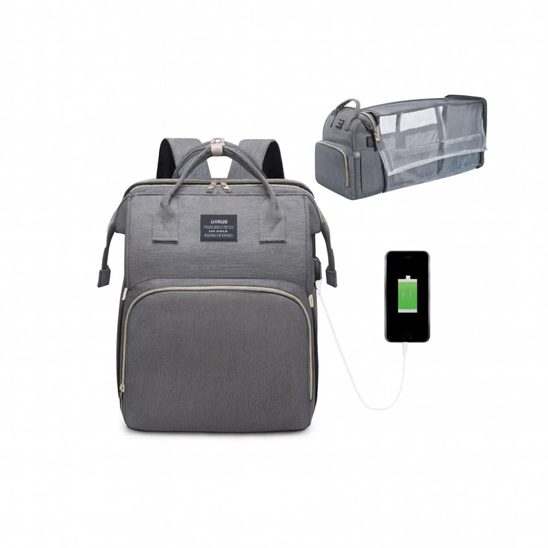 MOCHILA 3 EN 1 PAÑALERA CUNA Y MUDADOR PORTÁTIL BEBÉS GRIS - 1