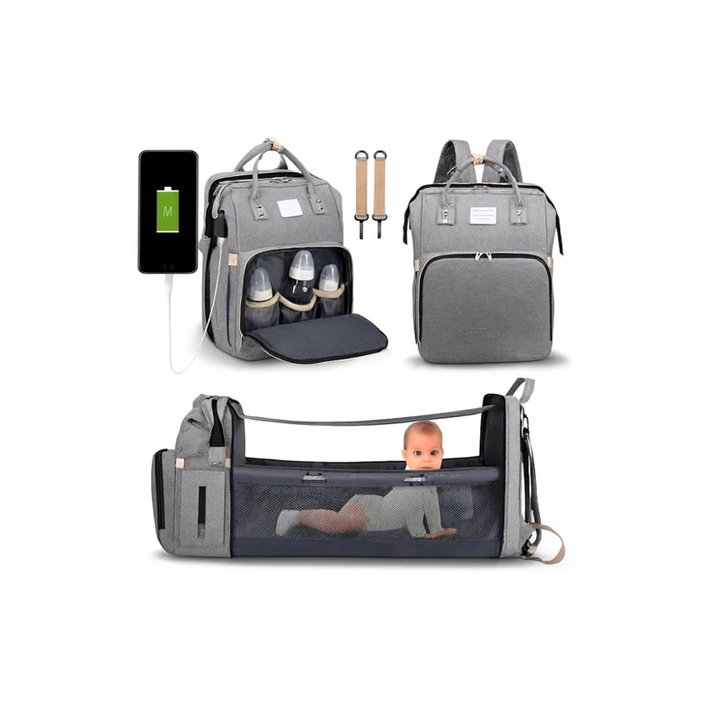 MOCHILA 3 EN 1 PAÑALERA CUNA Y MUDADOR PORTÁTIL BEBÉS GRIS - 2