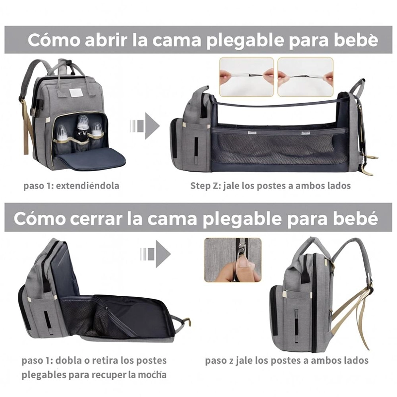 MOCHILA 3 EN 1 PAÑALERA CUNA Y MUDADOR PORTÁTIL BEBÉS GRIS - 3