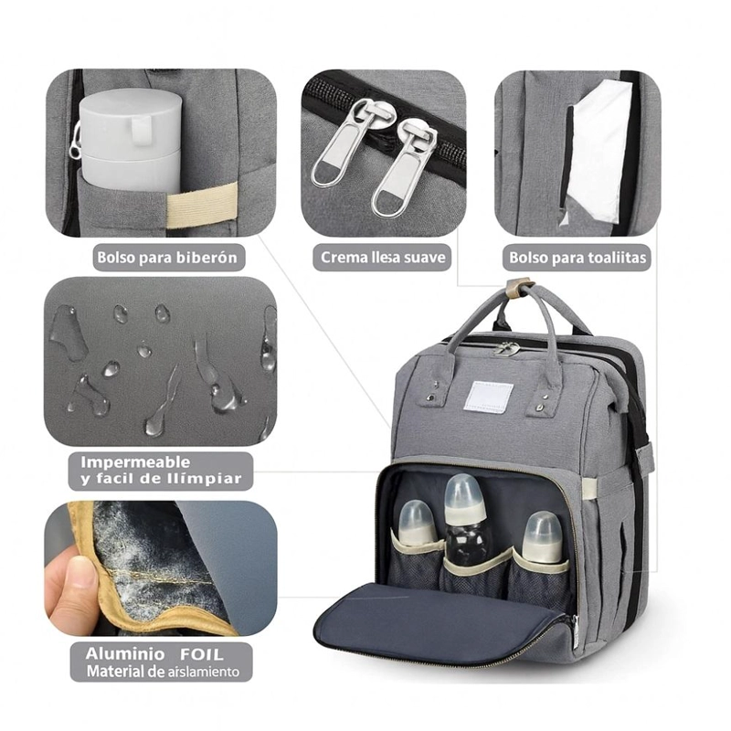 MOCHILA 3 EN 1 PAÑALERA CUNA Y MUDADOR PORTÁTIL BEBÉS GRIS - 4