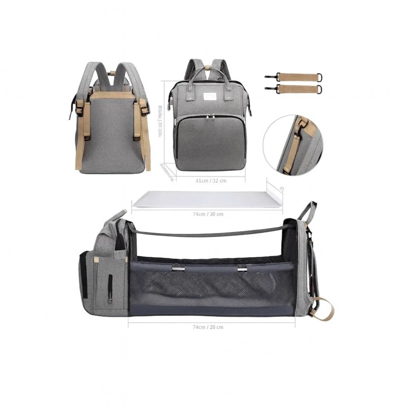 MOCHILA 3 EN 1 PAÑALERA CUNA Y MUDADOR PORTÁTIL BEBÉS GRIS - 5