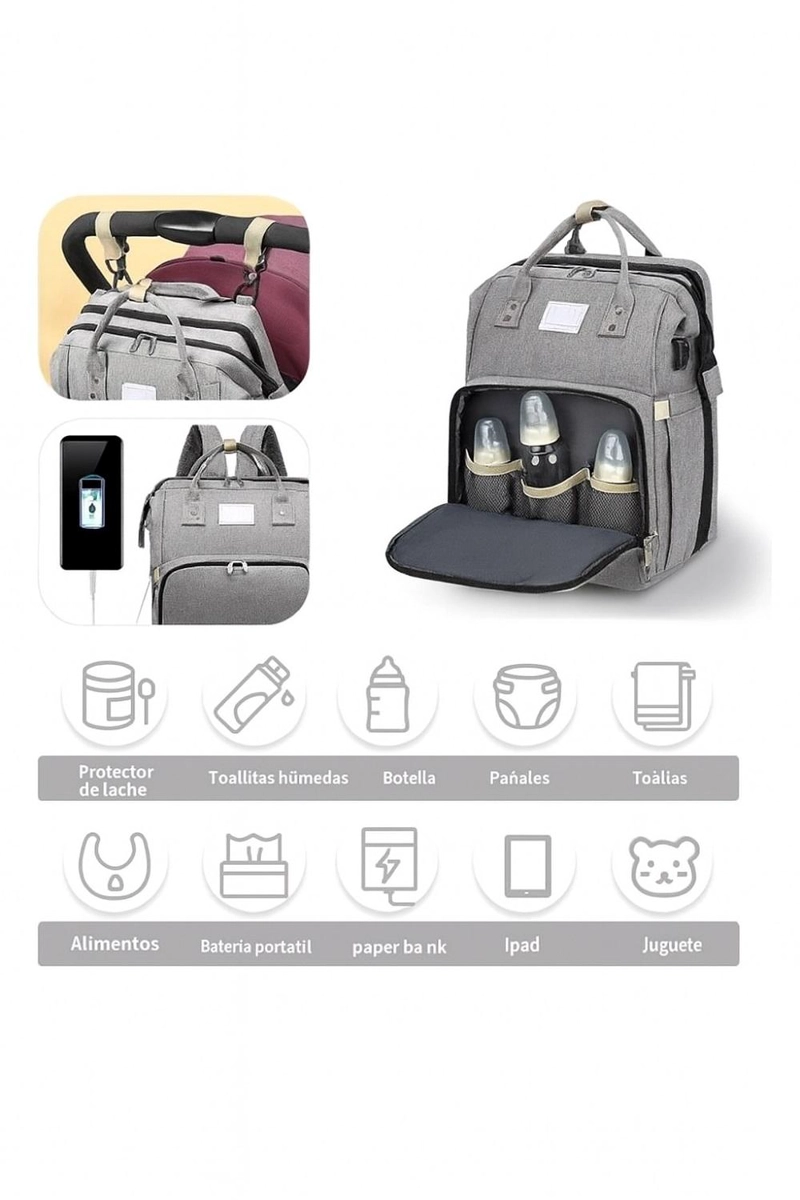 MOCHILA 3 EN 1 PAÑALERA CUNA Y MUDADOR PORTÁTIL BEBÉS GRIS - 8