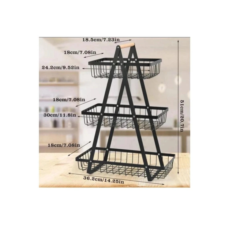CESTA FRUTAS VEGETALES ORGANIZADOR ACERO MADERA RECTANGULAR MULTIUSOS 3 NIVELES - 2