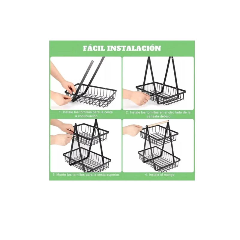 CESTA FRUTAS VEGETALES ORGANIZADOR ACERO MADERA RECTANGULAR MULTIUSOS 3 NIVELES - 4