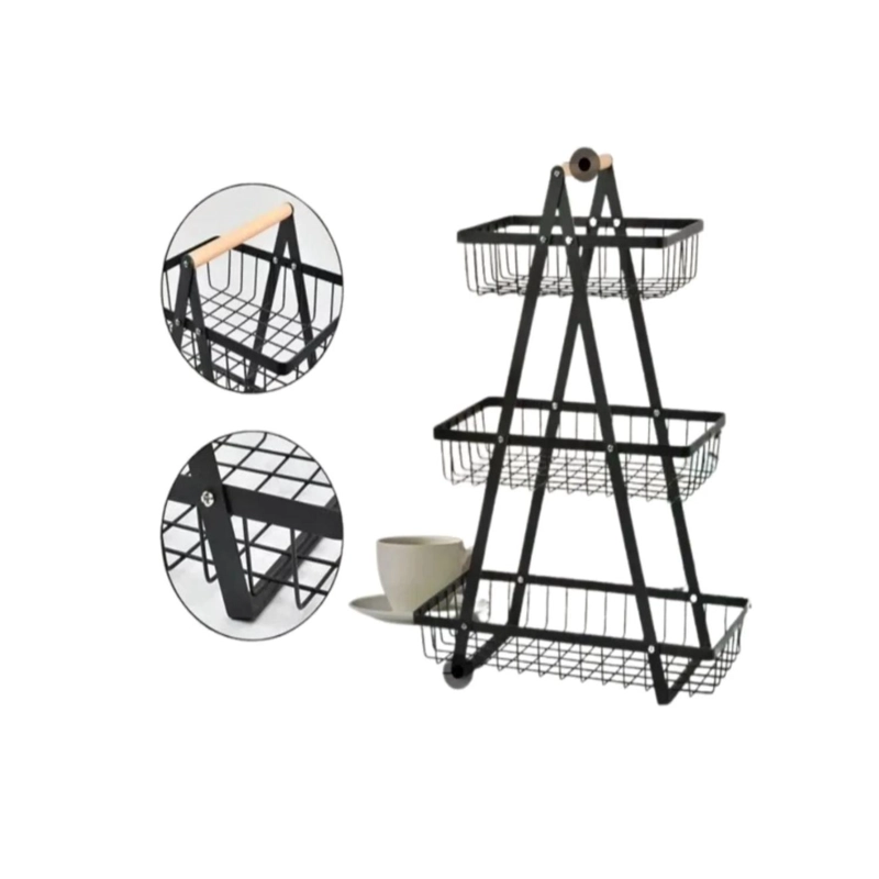 CESTA FRUTAS VEGETALES ORGANIZADOR ACERO MADERA RECTANGULAR MULTIUSOS 3 NIVELES - 5