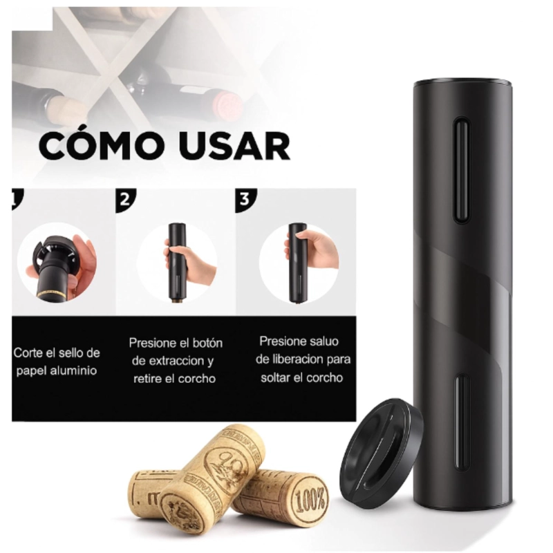 SACA CORCHO ELE CTRICO DESTAPADOR ABRIDOR BOTELLA NEGRO - 4