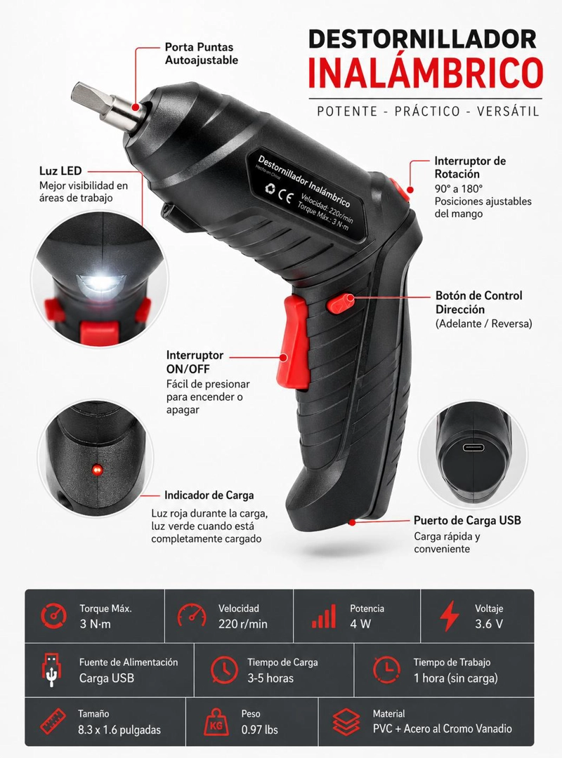 TALADRO DESTORNILLADOR INALAMBRICO RECARGABLE + ACCESORIOS - 5