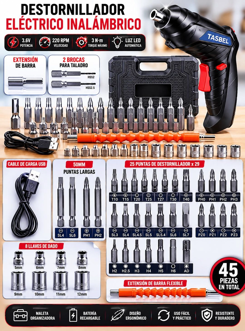 TALADRO DESTORNILLADOR INALAMBRICO RECARGABLE + ACCESORIOS - 7