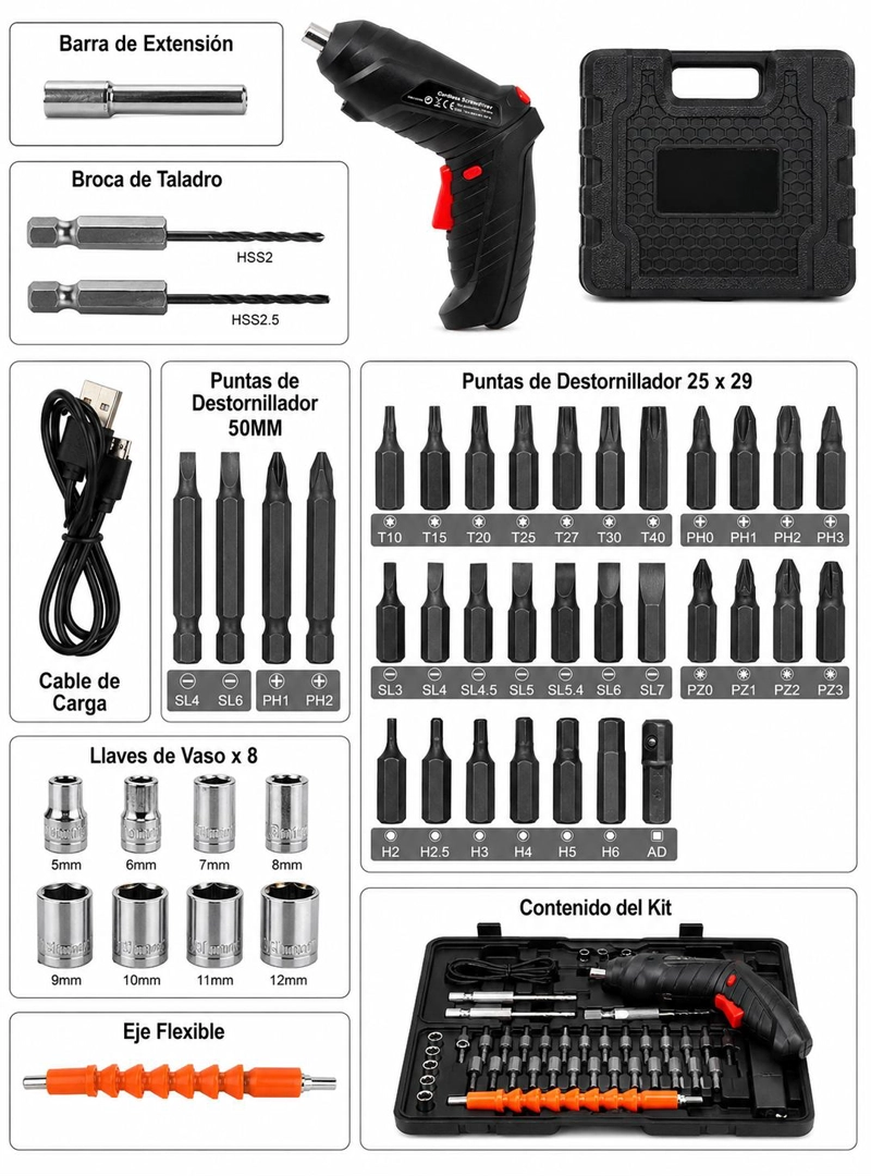 TALADRO DESTORNILLADOR INALAMBRICO RECARGABLE + ACCESORIOS - 8