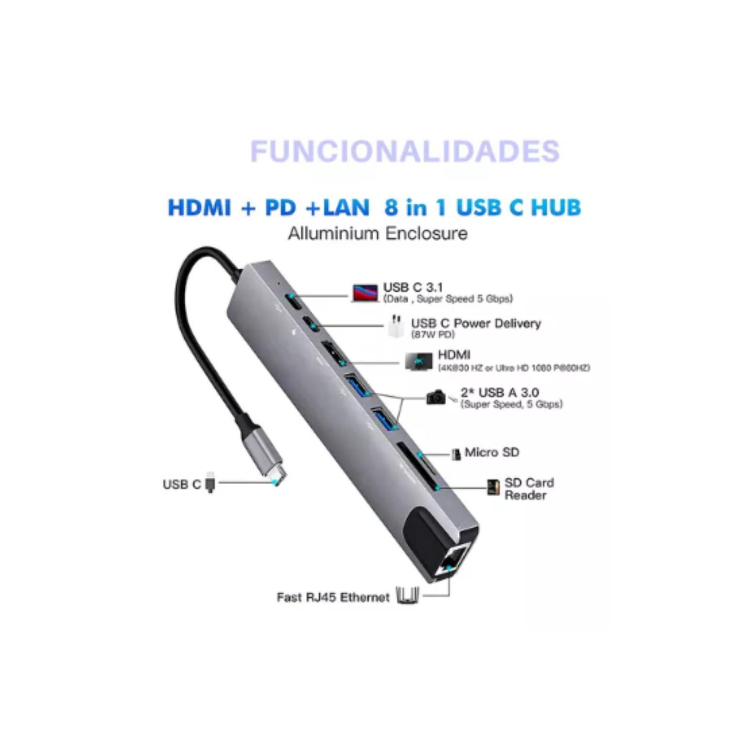 ADAPTADOR HUB PARA MACBOOK AIR M1 M2 8 EN 1 USB-C HDMI 4K - 2