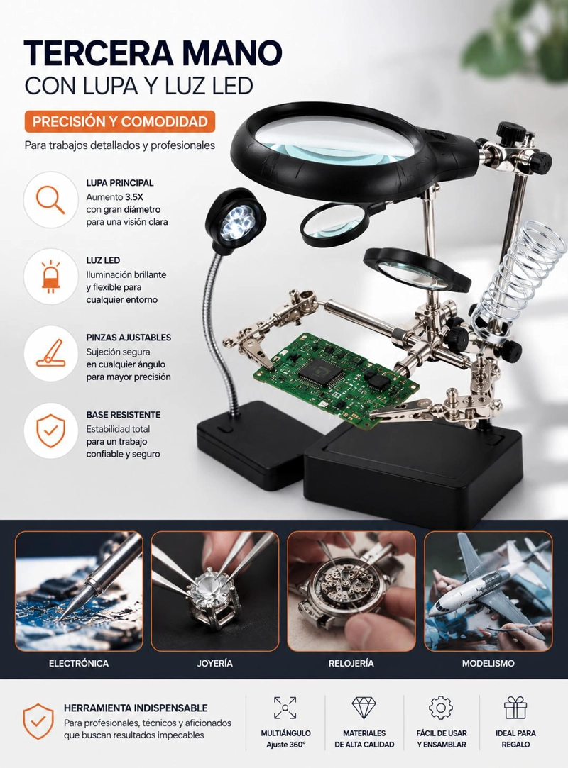 LUPA BRAZO ESCRITORIO SOPORTE PINZA LUZ LED TERCERA MANO - 7