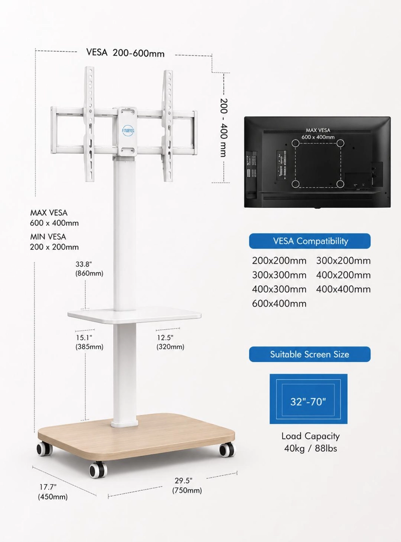 SOPORTE TV BASE RUEDAS TIPO PEDESTAL RACK 32 A 50" BLANCO - 4