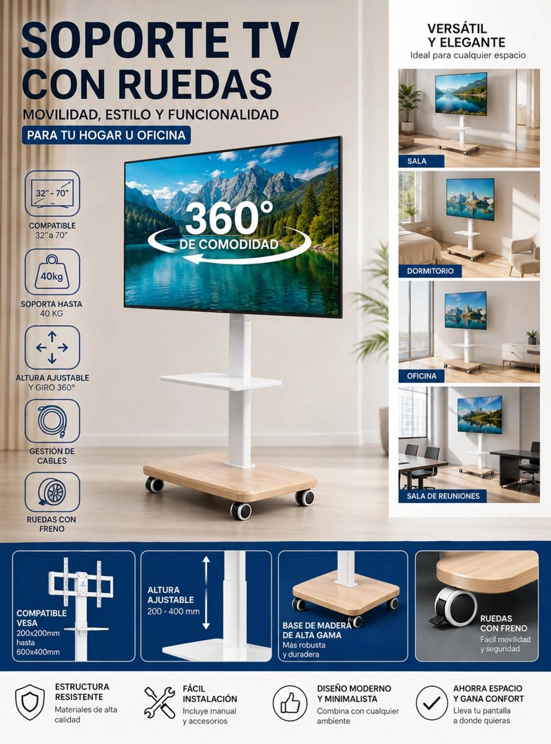 SOPORTE TV BASE RUEDAS TIPO PEDESTAL RACK 32 A 50" BLANCO - 8