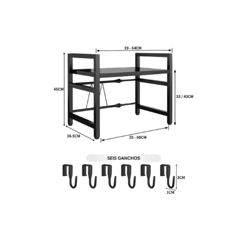 ESTANTE REPISA RACK EXTENSIBLE MICROONDAS COCINA GANCHOS - NEGRO - 4