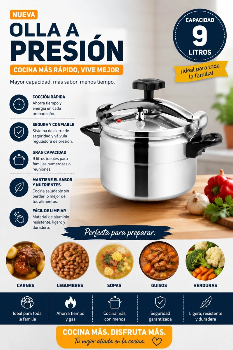 OLLA A PRESION PARA COCINAR EN CALIENTE DE ALUMINIO 9 LITROS - 8