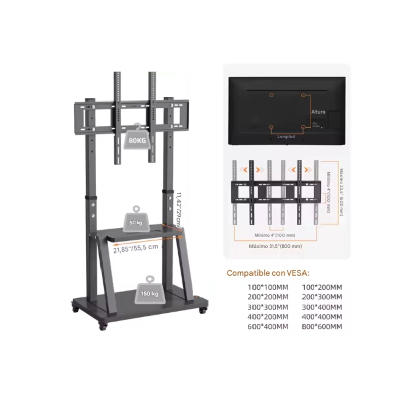 SOPORTE TV BASE PEDESTAL CON RUEDAS MONITOR 32 A 72P 155CM - NEGRO - 5