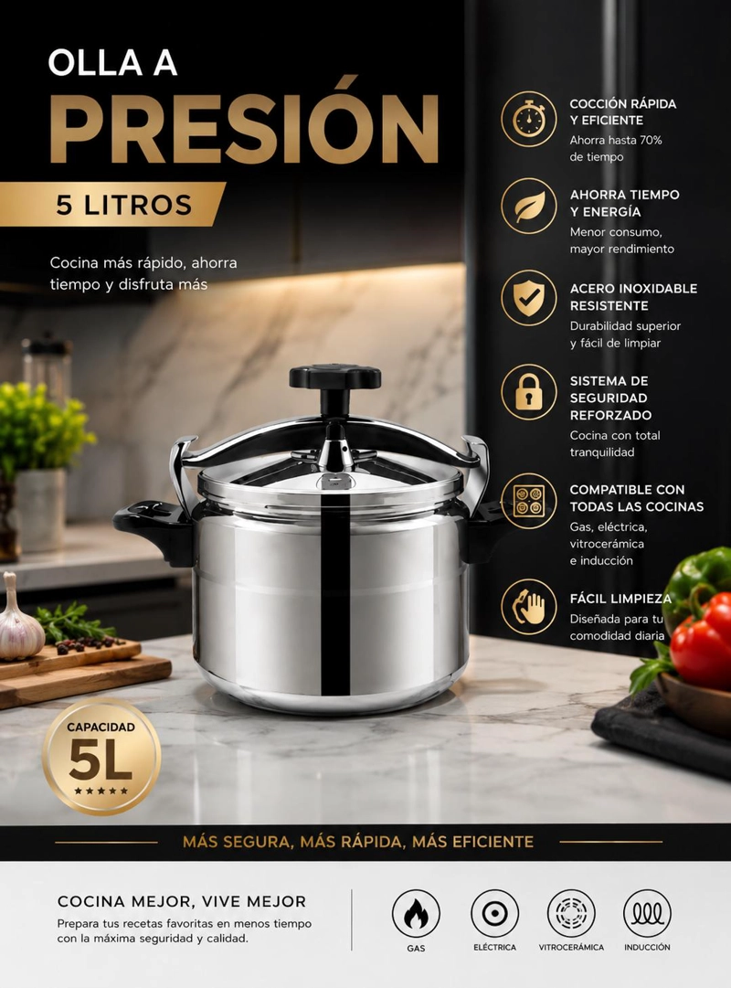 OLLA A PRESION PARA COCINAR EN CALIENTE DE ALUMINIO 5 LITROS - 9