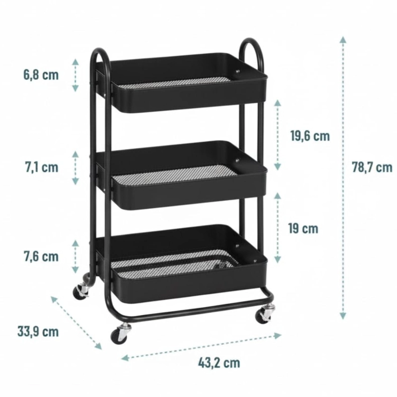 CARRITO CARRO ORGANIZADOR MULTIUSO CON RUEDAS ACERO MULTIUSO - NEGRO - 2