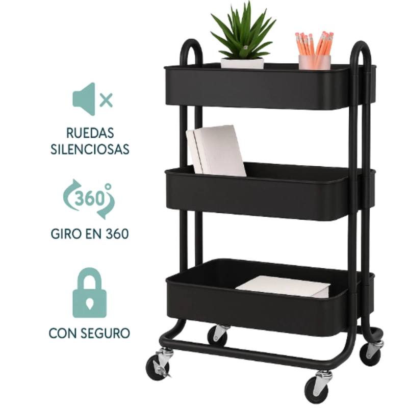 CARRITO CARRO ORGANIZADOR MULTIUSO CON RUEDAS ACERO MULTIUSO - NEGRO - 3