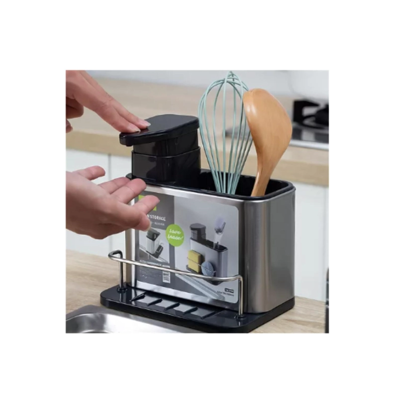 DISPENSADOR DE JABON LAVA LOZAS PORTA ESPONJA ORGANIZADOR - NEGRO - 2