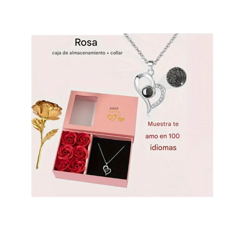 CAJA JOYERIA DE FLORES ETERNAS Y COLLAR LOVE MUJER AMOR - ROSA - 4