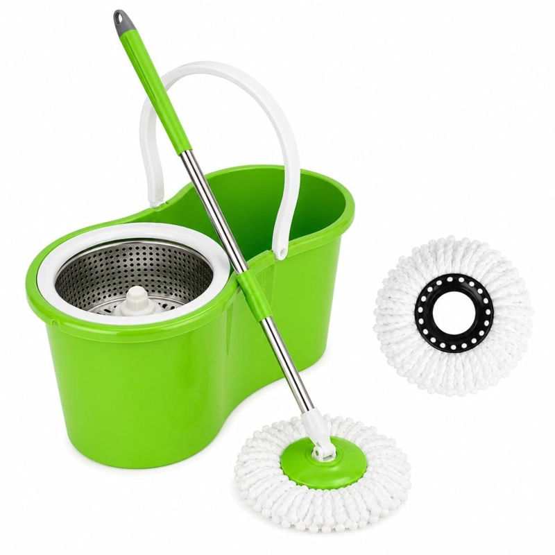 2 MOPAS GIRATORIA 360° TRAPEADOR CANASTO METALICO CON PAÑOS - VERDE - 3