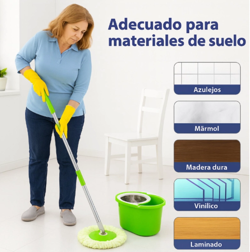 2 MOPAS GIRATORIA 360° TRAPEADOR CANASTO METALICO CON PAÑOS - VERDE - 7