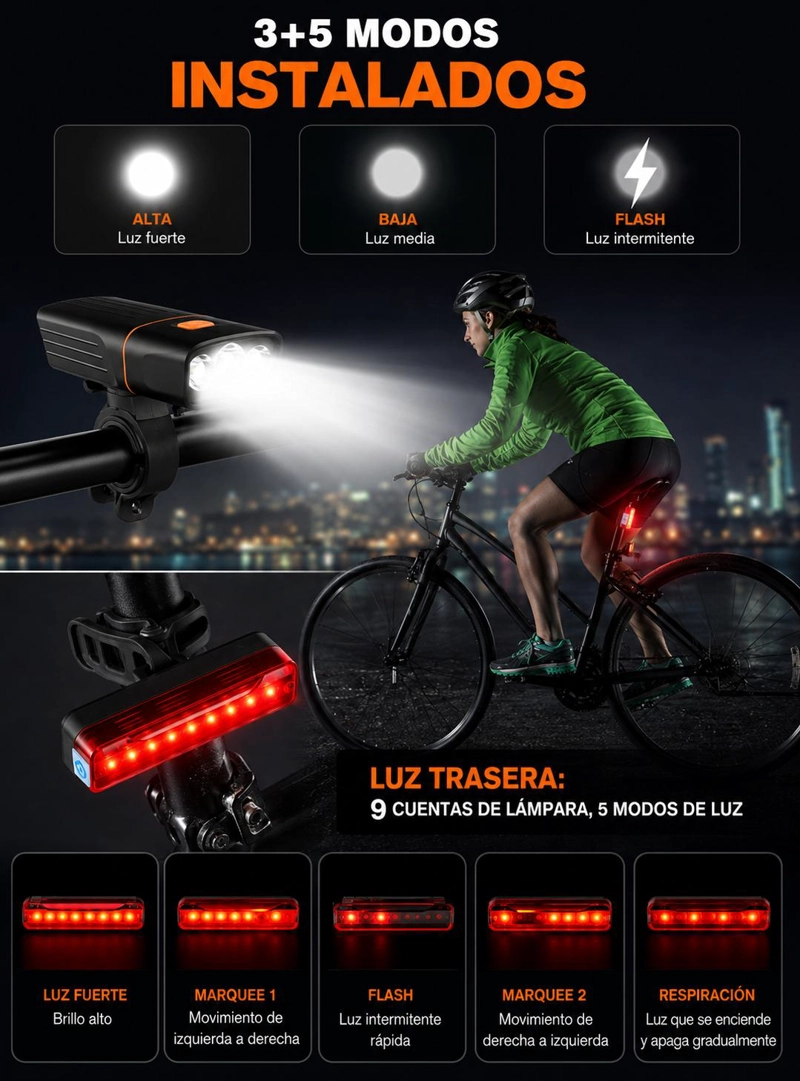 LUCES RECARGABLES PARA BICICLETA DELANTERA Y TRASERA PREMIUM - 4