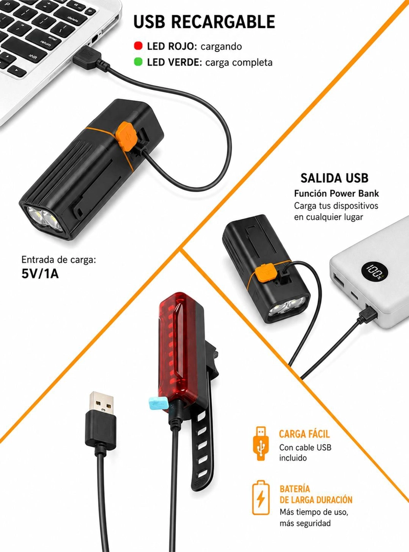 LUCES RECARGABLES PARA BICICLETA DELANTERA Y TRASERA PREMIUM - 5