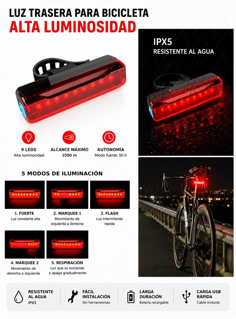 LUCES RECARGABLES PARA BICICLETA DELANTERA Y TRASERA PREMIUM - 6