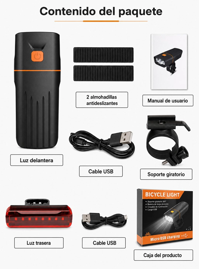 LUCES RECARGABLES PARA BICICLETA DELANTERA Y TRASERA PREMIUM - 8