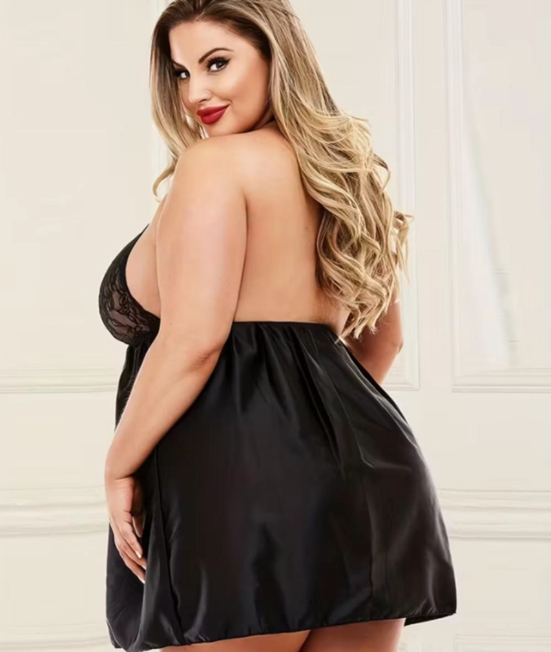 LENCERIA BABYDOLL ENCAJE EN PECHOS SATEN TALLAS GRANDES SEXY - NEGRO - XXL - 2