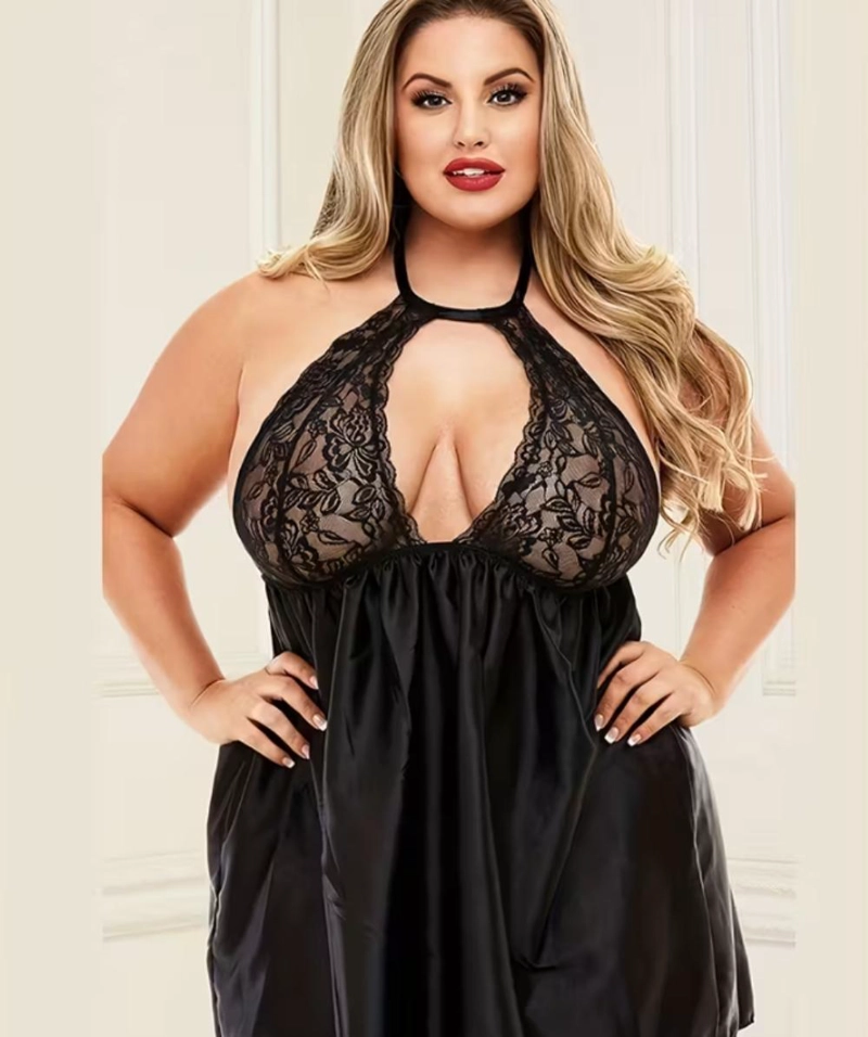 LENCERIA BABYDOLL ENCAJE EN PECHOS SATEN TALLAS GRANDES SEXY - NEGRO - XXL - 3