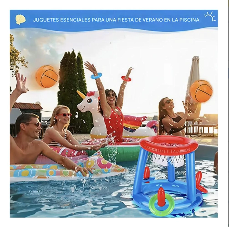 JUEGO INFLABLE INFANTIL  CANASTA BALONCESTO Y AROS  PISCINA - 6