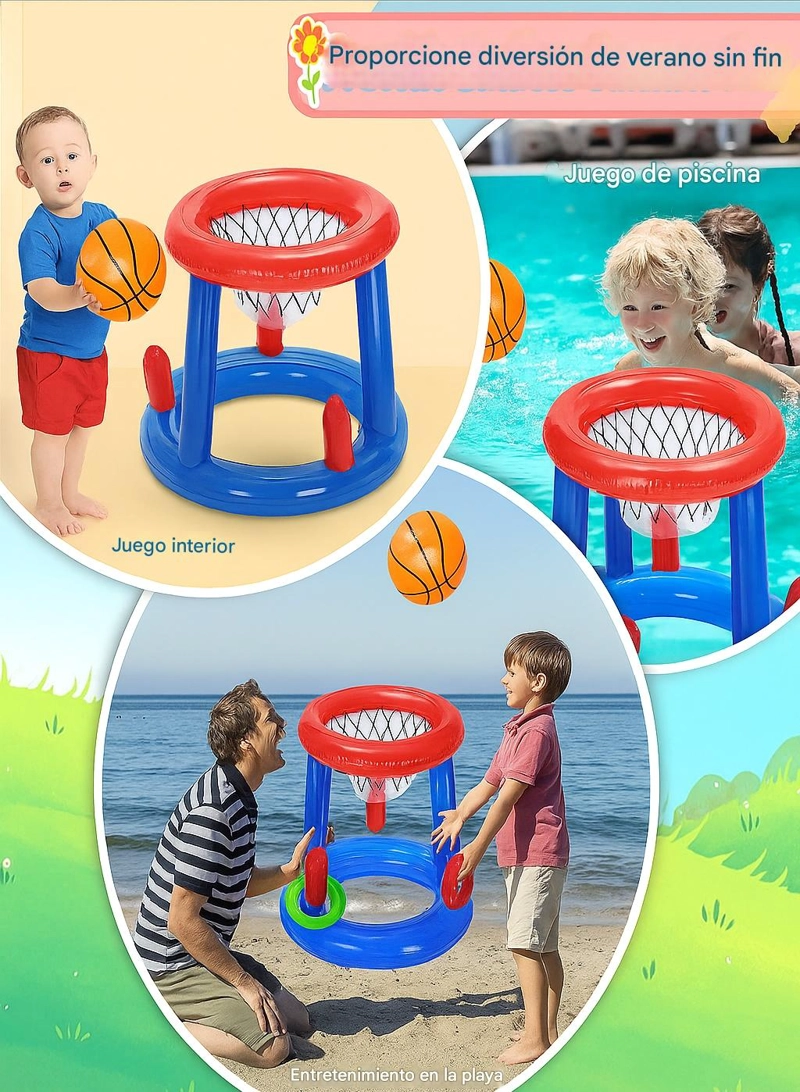 JUEGO INFLABLE INFANTIL  CANASTA BALONCESTO Y AROS  PISCINA - 9