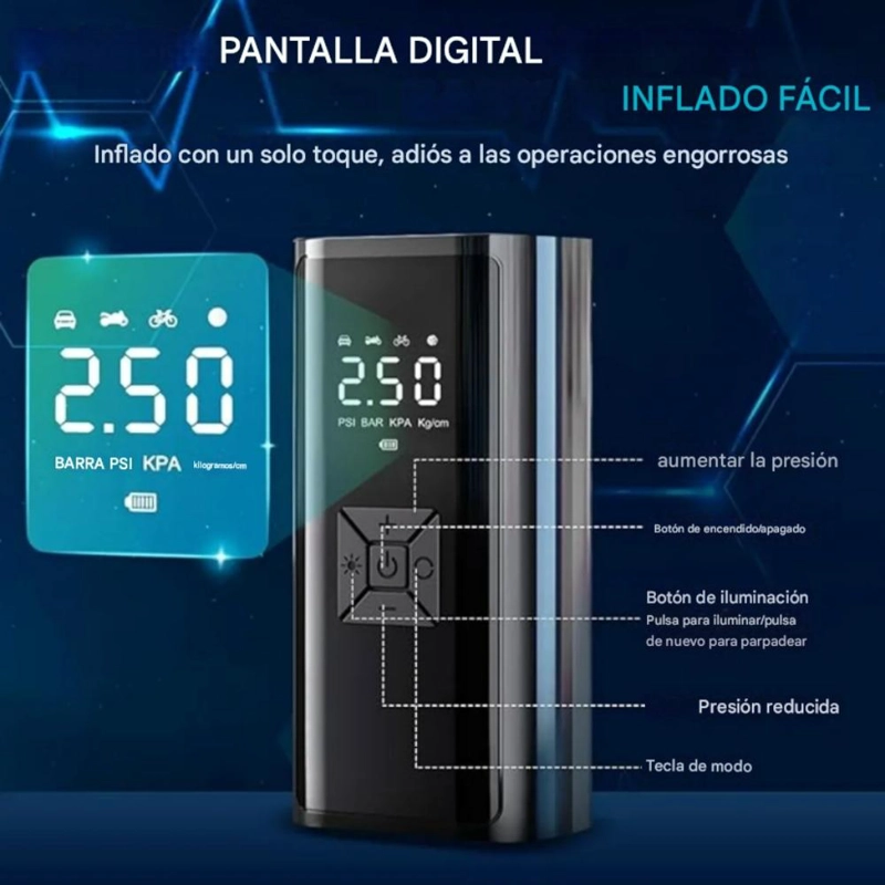 COMPRESOR DE AIRE PORTATIL  INFLADOR DE NEUMATICOS DIGITAL - 2