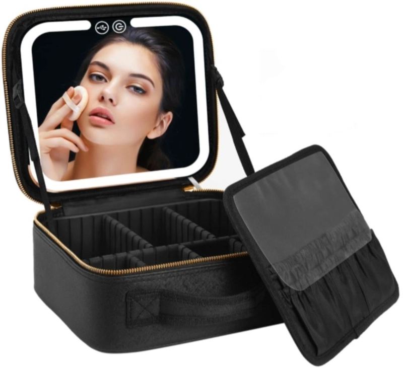 COSMETIQUERO MALETIN CON ESPEJO LED  Y DIVISIONES AJUSTABLES - NEGRO - 1