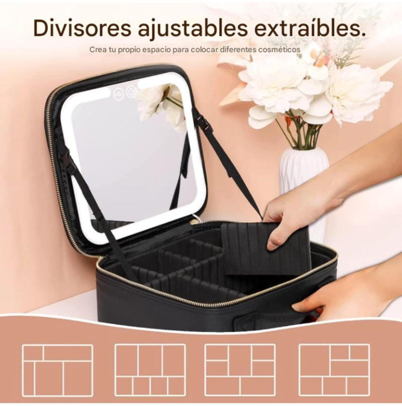 COSMETIQUERO MALETIN CON ESPEJO LED  Y DIVISIONES AJUSTABLES - NEGRO - 2