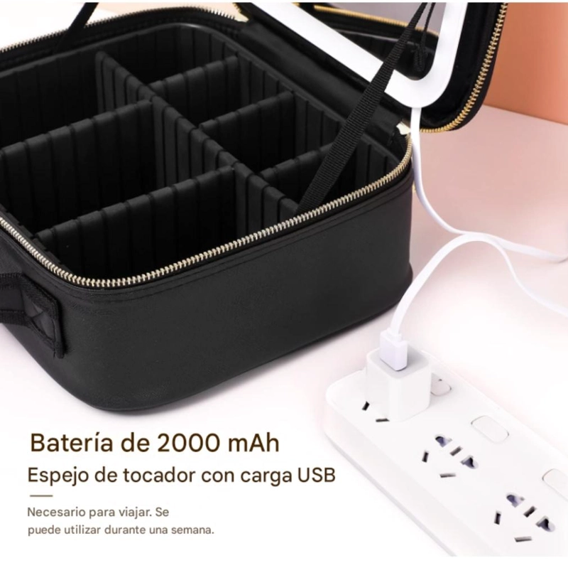 COSMETIQUERO MALETIN CON ESPEJO LED  Y DIVISIONES AJUSTABLES - NEGRO - 3