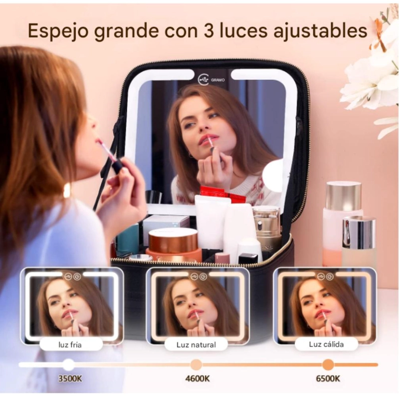 COSMETIQUERO MALETIN CON ESPEJO LED  Y DIVISIONES AJUSTABLES - NEGRO - 4