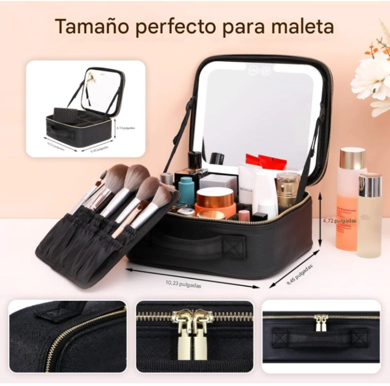 COSMETIQUERO MALETIN CON ESPEJO LED  Y DIVISIONES AJUSTABLES - NEGRO - 6