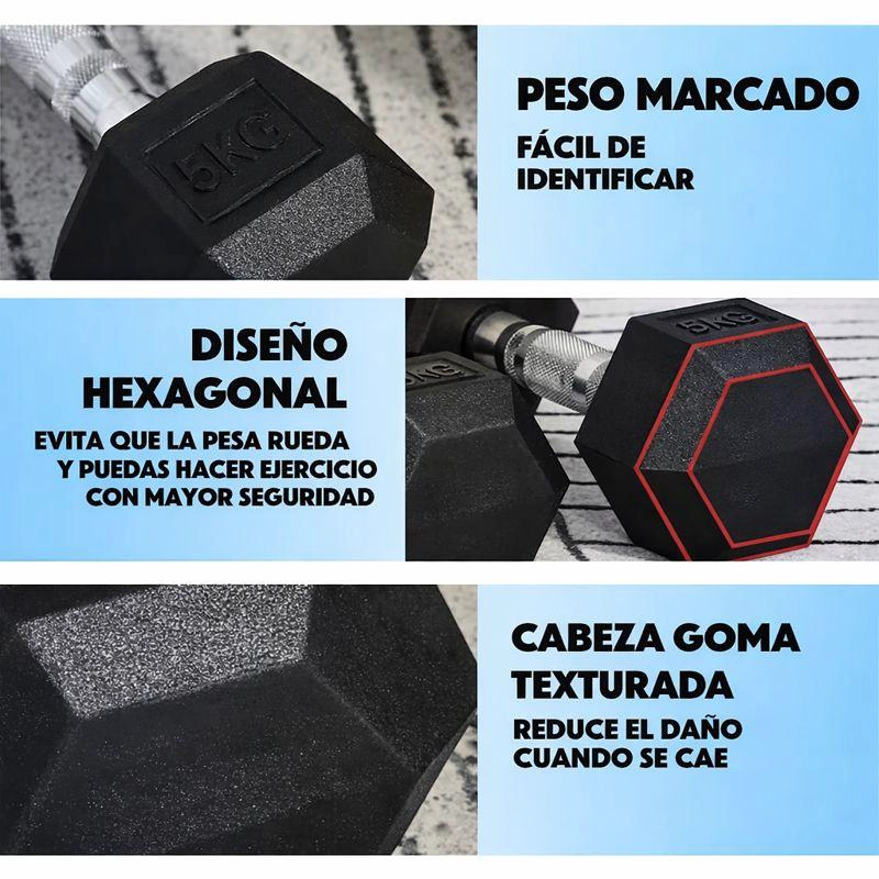 MANCUERNA PROFESIONAL HEXAGONAL 5KG CAUCHO  ACERO FITNESS - 4