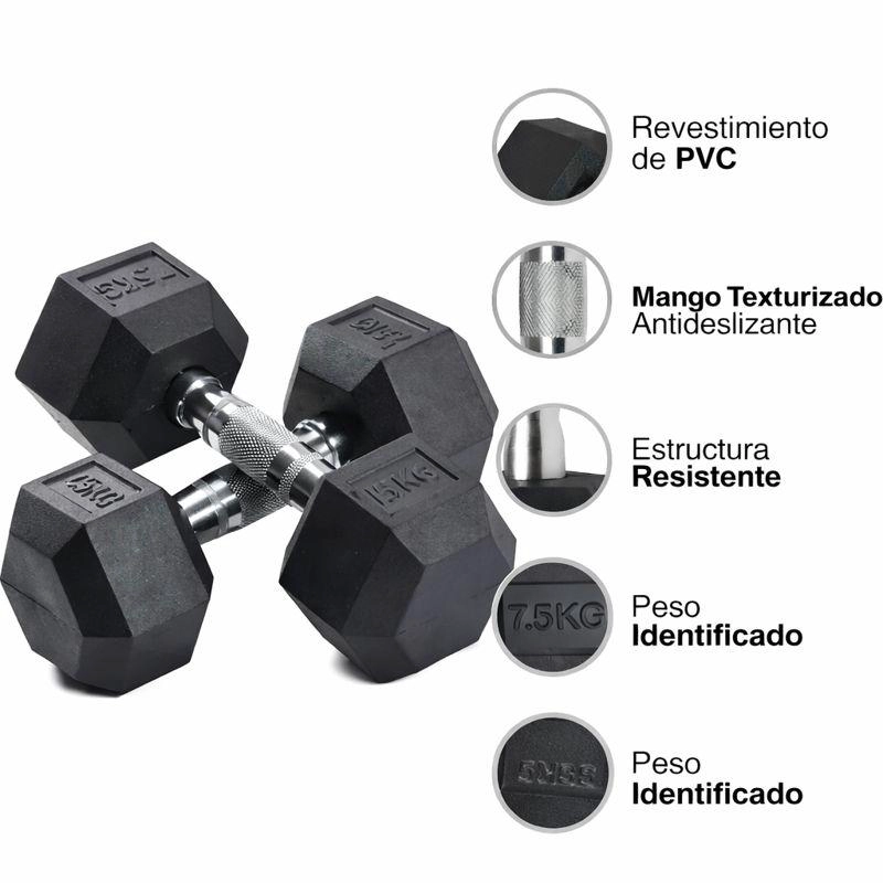 PAR DE MANCUERNA PROFESIONAL HEXAGONAL 7.5 KG  USO FITNESS - 4