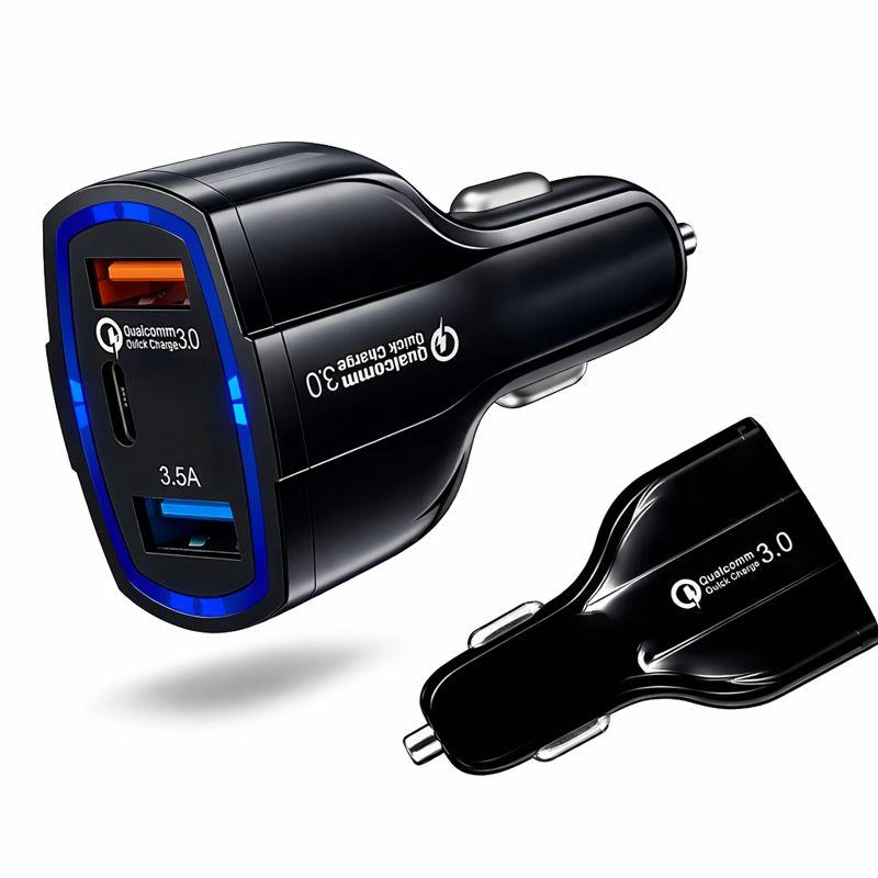 CARGADOR RAPIDO AUTO DOBLE USB + TIPO C QC 3.0 - 3