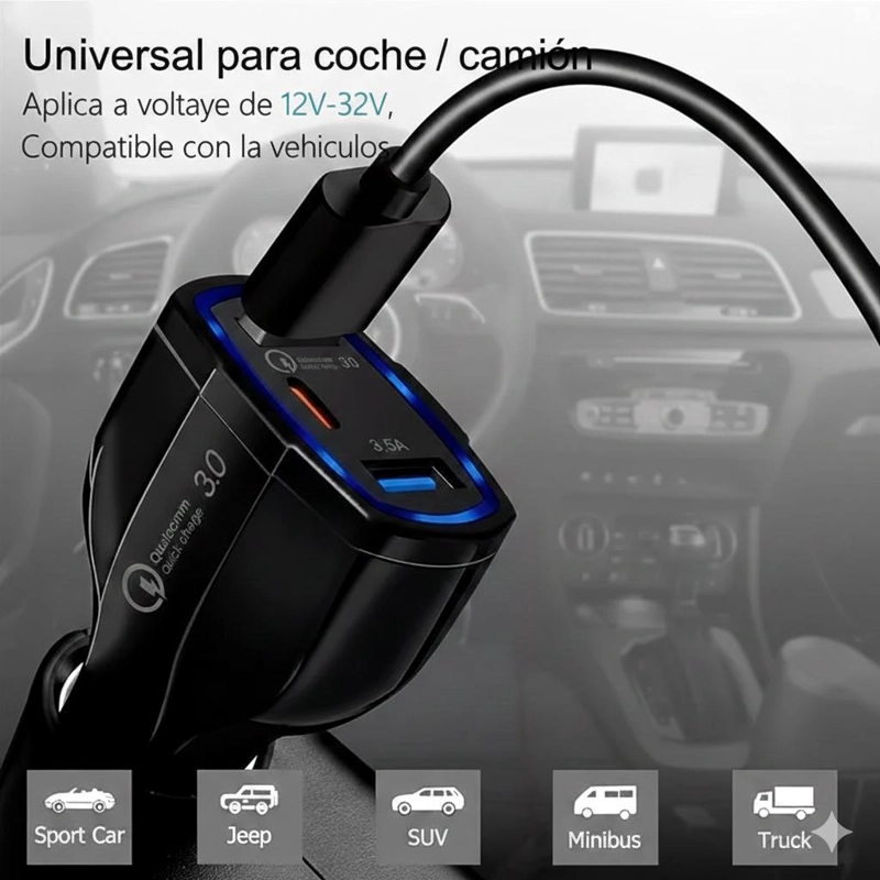 CARGADOR RAPIDO AUTO DOBLE USB + TIPO C QC 3.0 - 4