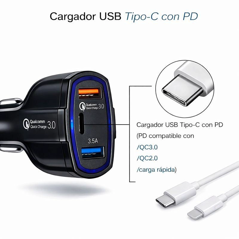CARGADOR RAPIDO AUTO DOBLE USB + TIPO C QC 3.0 - 8