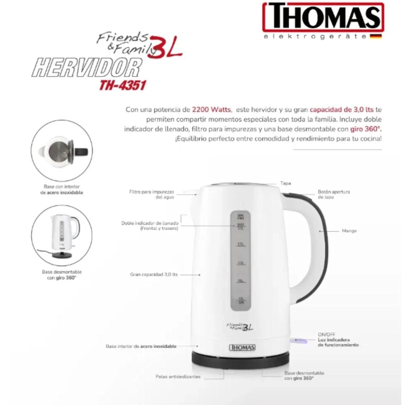 HERVIDOR ELE CTRICO THOMAS TH-4351 3L 2200W FAMILY & FRIENDS - 8