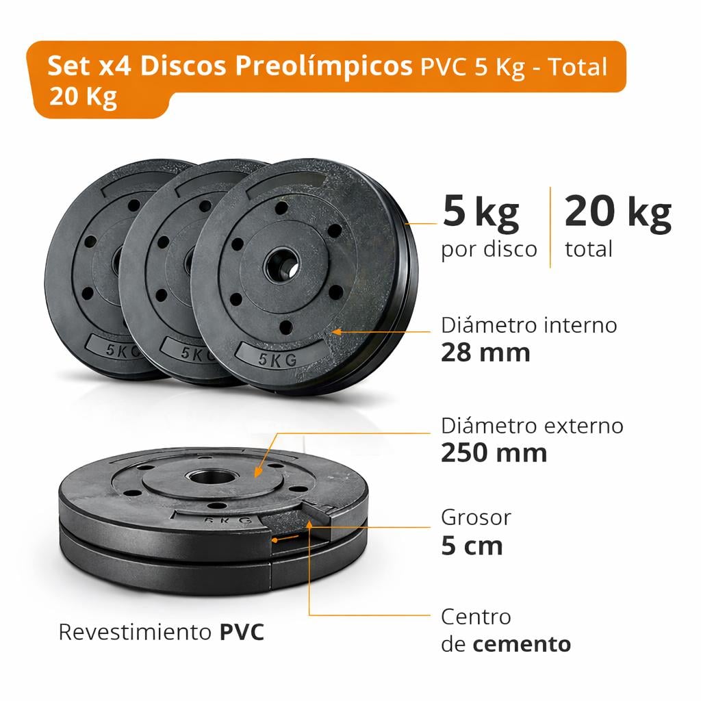 SET 4 DISCOS PREOLIMPICOS PVC 5KG 20KG TOTAL - 2